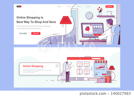 Online shopping landing pages set. Internet marketplace, store platform corporate website. Flat line vector illustration with people characters. Web concept use as header, footer or middle content. Online shopping landing pages set. Internet marketplace, store platform corporate website. Flat line vector illustration with people characters. Web concept use as header, footer or middle content. 140027983