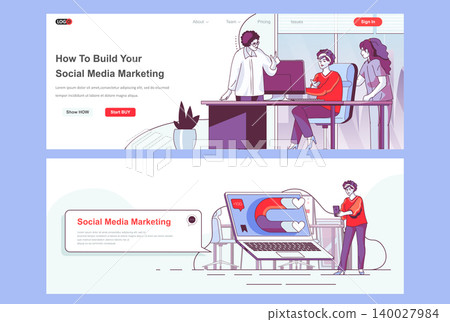 Social media marketing landing pages set. Social network marketing campaign corporate website. Flat line vector illustration with people characters. Web concept use as header, footer or middle content Social media marketing landing pages set. Social network marketing campaign corporate website. Flat line vector illustration with people characters. Web concept use as header, footer or middle content 140027984