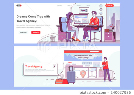 Travel agency landing pages. Online tour reservation, booking of tickets corporate website. Flat line vector illustration with people characters. Web concept use as header, footer or middle content. Travel agency landing pages. Online tour reservation, booking of tickets corporate website. Flat line vector illustration with people characters. Web concept use as header, footer or middle content. 140027986