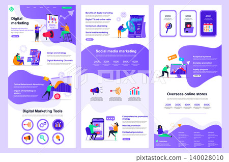 Digital marketing flat landing page. Social media marketing, promotion and advertising corporate website design. Web banner layout with header, middle content, footer. Vector illustration with people. Digital marketing flat landing page. Social media marketing, promotion and advertising corporate website design. Web banner layout with header, middle content, footer. Vector illustration with people. 140028010