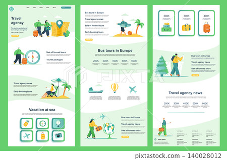 Travel agency flat landing page. Summertime beach vacation, tour operator corporate website design. Web banner template with header, middle content, footer. Vector illustration with people characters. Travel agency flat landing page. Summertime beach vacation, tour operator corporate website design. Web banner template with header, middle content, footer. Vector illustration with people characters. 140028012