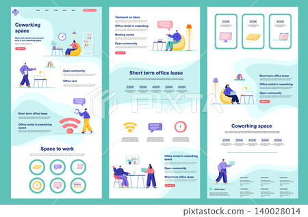 Coworking space flat landing page. Freelancers workspace, creative collaboration space corporate website. Web banner with header, middle content, footer. Vector illustration with people characters. Coworking space flat landing page. Freelancers workspace, creative collaboration space corporate website. Web banner with header, middle content, footer. Vector illustration with people characters. 140028014
