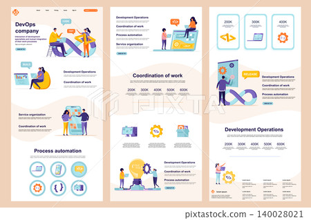 DevOps company flat landing page. Engineering and automation system corporate website design. Web banner template with header, middle content and footer. Vector illustration with people characters. DevOps company flat landing page. Engineering and automation system corporate website design. Web banner template with header, middle content and footer. Vector illustration with people characters. 140028021