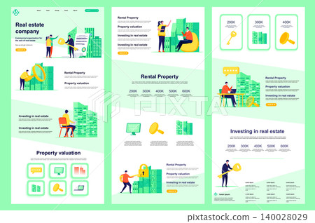 Real estate company flat landing page. Rental property, buy, sale and mortgage corporate website design. Web banner with header, middle content, footer. Vector illustration with people characters. Real estate company flat landing page. Rental property, buy, sale and mortgage corporate website design. Web banner with header, middle content, footer. Vector illustration with people characters. 140028029