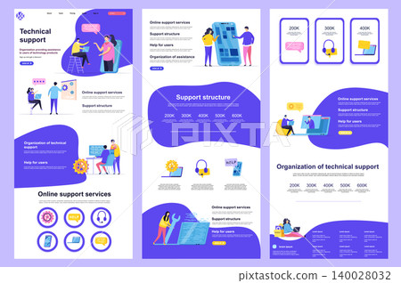 Technical support flat landing page. Online consultation and assistance service corporate website design. Web banner with header, middle content, footer. Vector illustration with people characters. Technical support flat landing page. Online consultation and assistance service corporate website design. Web banner with header, middle content, footer. Vector illustration with people characters. 140028032