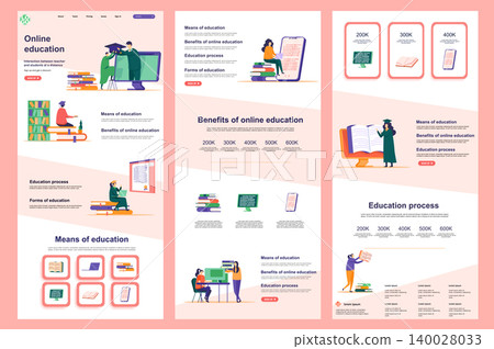 Distance education flat landing page. Online learning platform corporate website design. Web banner template with header, middle content, footer. Vector illustration with studying students characters. Distance education flat landing page. Online learning platform corporate website design. Web banner template with header, middle content, footer. Vector illustration with studying students characters. 140028033