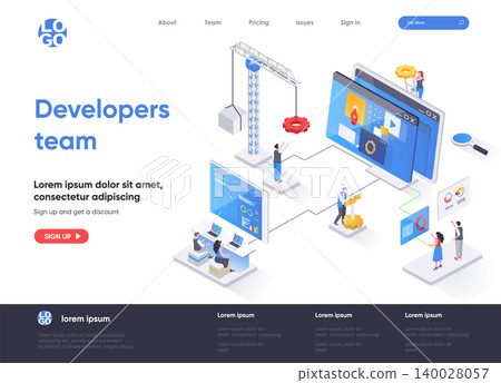 Developers team isometric landing page. Full stack software development company isometry concept. App engineering, programming and testing flat web page. Vector illustration with people characters. Developers team isometric landing page. Full stack software development company isometry concept. App engineering, programming and testing flat web page. Vector illustration with people characters. 140028057