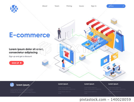 E-commerce isometric landing page design. Online shopping marketplace isometry concept. Retail distribution, order and delivery application flat web page. Vector illustration with people characters. E-commerce isometric landing page design. Online shopping marketplace isometry concept. Retail distribution, order and delivery application flat web page. Vector illustration with people characters. 140028059