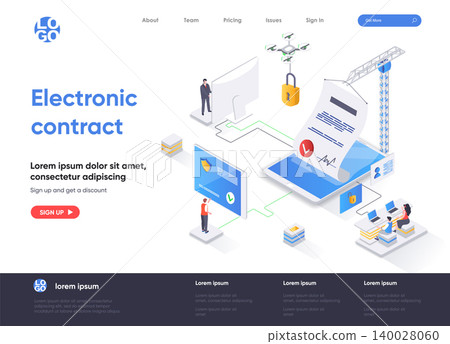 Electronic contract isometric landing page design. Online sign contract or documents technology isometry concept. Digital signature solution flat web page. Vector illustration with people characters. Electronic contract isometric landing page design. Online sign contract or documents technology isometry concept. Digital signature solution flat web page. Vector illustration with people characters. 140028060