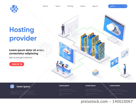 Hosting provider isometric landing page. Website hosting service isometry concept. Internet provider hardware and software technology flat design. Vector illustration with people characters. Hosting provider isometric landing page. Website hosting service isometry concept. Internet provider hardware and software technology flat design. Vector illustration with people characters. 140028067