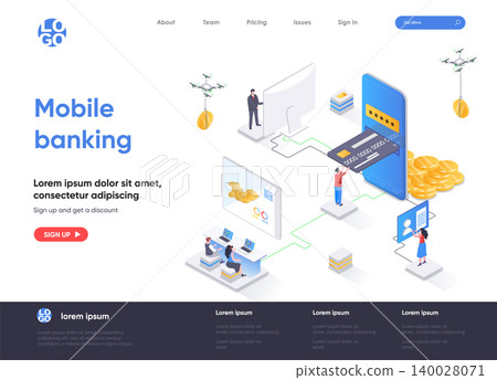 Mobile banking isometric landing page. Smart finance app, money transactions and payments isometry concept. Digital wallet mobile application flat web page. Vector illustration with people characters. 140028071