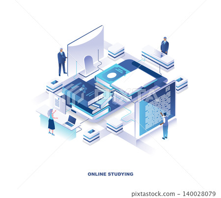 Distant education, online learning, digital knowledge, internet course isometric landing page. Concept with tiny people or students around pile of giant books or textbooks. Modern vector illustration. Distant education, online learning, digital knowledge, internet course isometric landing page. Concept with tiny people or students around pile of giant books or textbooks. Modern vector illustration. 140028079
