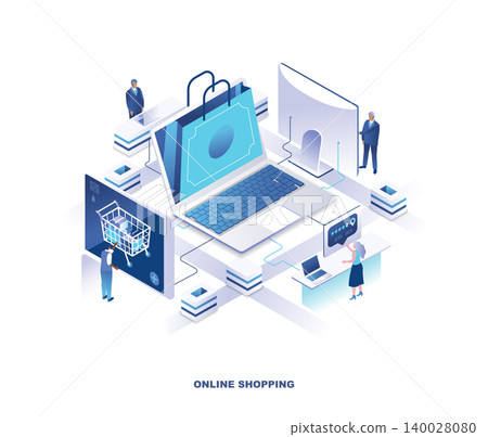 Internet or online shopping, digital retail service isomeric landing page. Concept with tiny people or customers making orders on web store or shop. Modern vector illustration for advertisement. 140028080