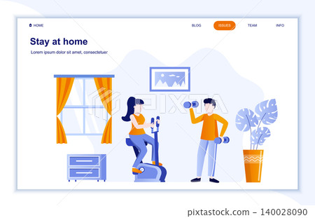 Stay at home flat landing page. Coronavirus protection public health practice. Young couple doing sports together at home. Covid-19 pandemic risk vector illustration. Coronavirus prevention and safety Stay at home flat landing page. Coronavirus protection public health practice. Young couple doing sports together at home. Covid-19 pandemic risk vector illustration. Coronavirus prevention and safety 140028090