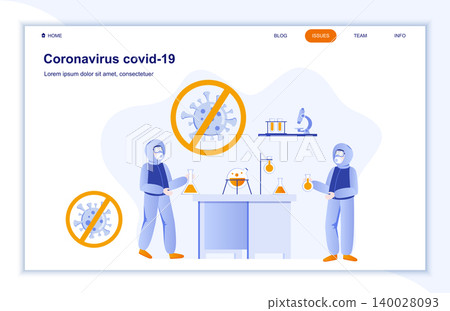 Coronavirus covid-19 flat landing page. Epidemiologist in hazmat suit work in lab. Covid-19 pandemic vector illustration. Laboratory research and vaccine development. Coronavirus prevention and safety Coronavirus covid-19 flat landing page. Epidemiologist in hazmat suit work in lab. Covid-19 pandemic vector illustration. Laboratory research and vaccine development. Coronavirus prevention and safety 140028093
