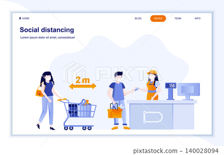 Social distancing flat landing page. Coronavirus protection public health practice. People in medical masks keeping distance in shop. Covid-19 pandemic risk vector illustration. Coronavirus prevention Social distancing flat landing page. Coronavirus protection public health practice. People in medical masks keeping distance in shop. Covid-19 pandemic risk vector illustration. Coronavirus prevention 140028094