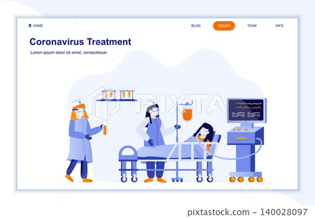 Coronavirus treatment in hospital flat landing page. Sick woman with oxygen mask lying in bed. Coronavirus protection and prevention. Artificial lung ventilation procedure, intensive care medicine. 140028097