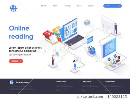 Online reading isometric landing page. Distance education and knowledge isometry concept. E-book reading application, online library service flat web page. Vector illustration with people characters. Online reading isometric landing page. Distance education and knowledge isometry concept. E-book reading application, online library service flat web page. Vector illustration with people characters. 140028125