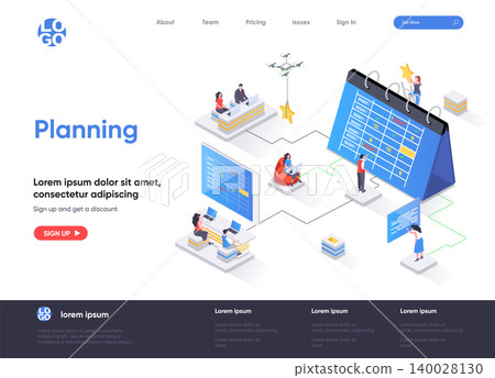 Planning isometric landing page. Business planning, organizing work activities and tasks isometry concept. Time management and high productivity flat design. Vector illustration with people characters Planning isometric landing page. Business planning, organizing work activities and tasks isometry concept. Time management and high productivity flat design. Vector illustration with people characters 140028130
