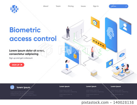 Biometric access control isometric landing page design. Fingerprint scan provides security access isometry concept. Biometrics identification flat web page. Vector illustration with people characters. Biometric access control isometric landing page design. Fingerprint scan provides security access isometry concept. Biometrics identification flat web page. Vector illustration with people characters. 140028138