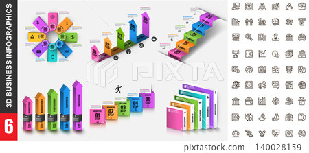 Bundle 3d infographics vector design template with set business icons pixel perfect. Can be used for steps, business processes, workflow, diagram, flowchart concept, marketing icons, info graphics. Bundle 3d infographics vector design template with set business icons pixel perfect. Can be used for steps, business processes, workflow, diagram, flowchart concept, marketing icons, info graphics. 140028159