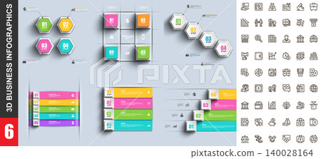 Bundle 3d infographics vector design template with set business icons pixel perfect. Can be used for steps, business processes, workflow, diagram, flowchart concept, marketing icons, info graphics. Bundle 3d infographics vector design template with set business icons pixel perfect. Can be used for steps, business processes, workflow, diagram, flowchart concept, marketing icons, info graphics. 140028164