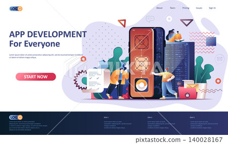 App development flat landing page template. Mobile application design, prototyping and programming web banner. Software engineering and full stack development. Web page vector illustration. App development flat landing page template. Mobile application design, prototyping and programming web banner. Software engineering and full stack development. Web page vector illustration. 140028167