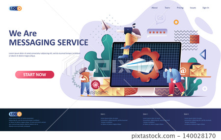Messaging service flat landing page template. Internet messenger application web banner. Online people communication software, texting and chatting 3d composition. Web page vector illustration. Messaging service flat landing page template. Internet messenger application web banner. Online people communication software, texting and chatting 3d composition. Web page vector illustration. 140028170