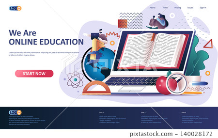 Online education flat landing page template. Distance learning service, professional courses and skills development web banner. Online studying 3d composition. Web page vector illustration. Online education flat landing page template. Distance learning service, professional courses and skills development web banner. Online studying 3d composition. Web page vector illustration. 140028172