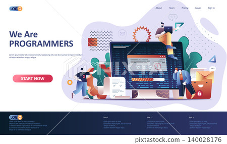 Programming software flat landing page template. Full stack software development, engineering, programming and testing web banner. 3d composition, outsourcing company. Web page vector illustration. Programming software flat landing page template. Full stack software development, engineering, programming and testing web banner. 3d composition, outsourcing company. Web page vector illustration. 140028176