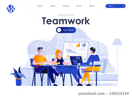 Teamwork flat landing page design. Colleagues sitting at desk and discussing ideas or brainstorming scene with header. Business meeting, formal negotiation or conference. Work process situation. 140028194