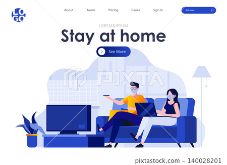 Stay at home flat landing page design. Young couple in medical masks watching TV at home scene with header. Coronavirus protection, hygiene and safety. Quarantine and self-isolation at home situation. Stay at home flat landing page design. Young couple in medical masks watching TV at home scene with header. Coronavirus protection, hygiene and safety. Quarantine and self-isolation at home situation. 140028201
