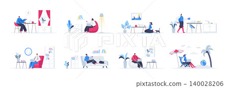 Bundle of freelance work scenes. Freelancer working with laptop in comfortable conditions at home, self-employed occupation flat vector illustration. Bundle of with freelancer characters in situations Bundle of freelance work scenes. Freelancer working with laptop in comfortable conditions at home, self-employed occupation flat vector illustration. Bundle of with freelancer characters in situations 140028206