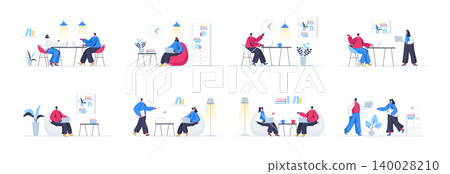 Bundle of coworking office scenes. Employees working and communicating at coworking open space area flat vector illustration. Bundle of freelancers community with people characters in situations. Bundle of coworking office scenes. Employees working and communicating at coworking open space area flat vector illustration. Bundle of freelancers community with people characters in situations. 140028210