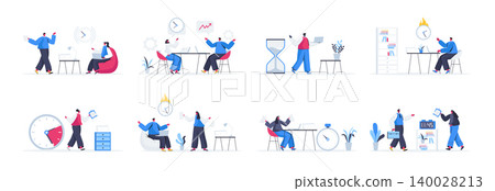 Bundle of deadline scenes. Effective time management and productivity, stressful situation and overtime work flat vector illustration. Bundle of time limit with people characters in situations. Bundle of deadline scenes. Effective time management and productivity, stressful situation and overtime work flat vector illustration. Bundle of time limit with people characters in situations. 140028213