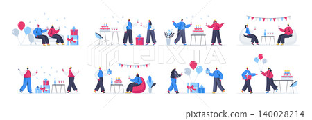Bundle of birthday party scenes. Cheerful friends celebrating and congratulating, gift presenting and having fun flat vector illustration. Bundle of birthday event with people characters in situations Bundle of birthday party scenes. Cheerful friends celebrating and congratulating, gift presenting and having fun flat vector illustration. Bundle of birthday event with people characters in situations 140028214