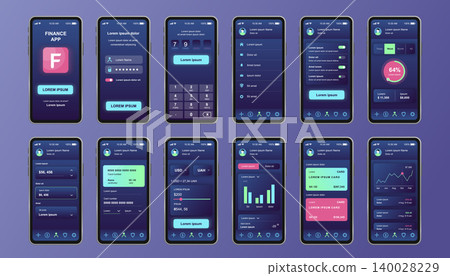 Finance services unique design kit for mobile app. Online banking screens with financial account and analytics. Money control and management UI, UX templates. GUI for responsive mobile application. Finance services unique design kit for mobile app. Online banking screens with financial account and analytics. Money control and management UI, UX templates. GUI for responsive mobile application. 140028229