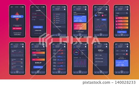 Cryptocurrency unique design kit for mobile app. Bitcoin mining screen with financial graphs, accounting and investment. Cryptocurrency platform UI, UX templates. GUI for responsive mobile application Cryptocurrency unique design kit for mobile app. Bitcoin mining screen with financial graphs, accounting and investment. Cryptocurrency platform UI, UX templates. GUI for responsive mobile application 140028233