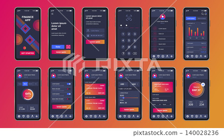 Finance services unique design kit for mobile app. Online banking screens with financial analytics and instruments. Money control and management UI, UX templates. GUI for responsive mobile application Finance services unique design kit for mobile app. Online banking screens with financial analytics and instruments. Money control and management UI, UX templates. GUI for responsive mobile application 140028236