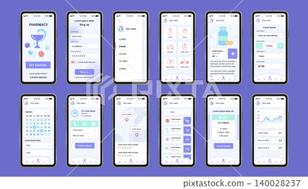 Online pharmacy unique design kit for app. Internet drugstore screens with medicaments description, store location and prices. Pharmacy store UI, UX template set. GUI for responsive mobile application Online pharmacy unique design kit for app. Internet drugstore screens with medicaments description, store location and prices. Pharmacy store UI, UX template set. GUI for responsive mobile application 140028237