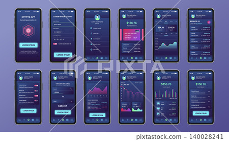 Cryptocurrency unique design kit for mobile app. Bitcoin mining screens with progress charts and financial analytics. Cryptocurrency platform UI, UX templates. GUI for responsive mobile application. Cryptocurrency unique design kit for mobile app. Bitcoin mining screens with progress charts and financial analytics. Cryptocurrency platform UI, UX templates. GUI for responsive mobile application. 140028241
