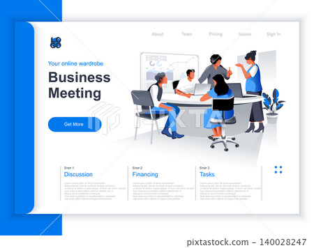Business meeting isometric landing page. Team of colleagues discussing project in conference room situation. Productive corporate teamwork, data analyzing and strategy planning perspective flat design Business meeting isometric landing page. Team of colleagues discussing project in conference room situation. Productive corporate teamwork, data analyzing and strategy planning perspective flat design 140028247