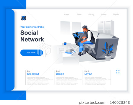 Social network isometric landing page. Woman working with laptop on sofa at home situation. Internet communication, social media content sharing and online messaging perspective flat design. Social network isometric landing page. Woman working with laptop on sofa at home situation. Internet communication, social media content sharing and online messaging perspective flat design. 140028248