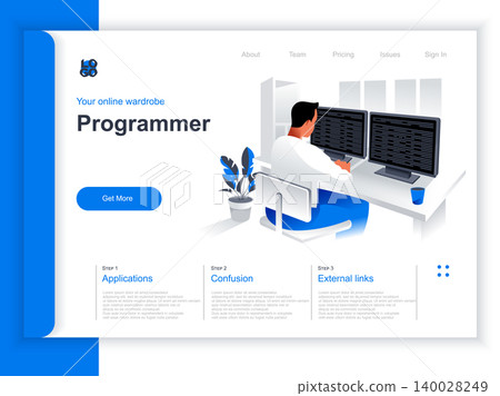 Software development isometric landing page. Programmer working with computer in office situation. Web application programming and testing, frontend and backend development perspective flat design. Software development isometric landing page. Programmer working with computer in office situation. Web application programming and testing, frontend and backend development perspective flat design. 140028249