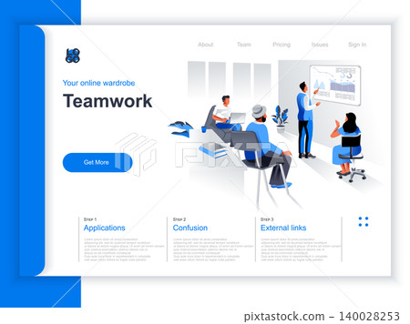 Business teamwork isometric landing page. Manager doing presentation before colleagues in office situation. Productive corporate teamwork, data analyzing and strategy planning perspective flat design. Business teamwork isometric landing page. Manager doing presentation before colleagues in office situation. Productive corporate teamwork, data analyzing and strategy planning perspective flat design. 140028253