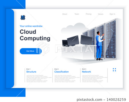 Cloud computing isometric landing page. IT specialist near server rack at data center situation. Hosting platform hardware technology, data structuring and classification perspective flat design. Cloud computing isometric landing page. IT specialist near server rack at data center situation. Hosting platform hardware technology, data structuring and classification perspective flat design. 140028259
