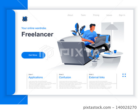 Freelance job isometric landing page. Young man working with laptop in comfortable conditions at home office situation. Remote work at company and self-employed occupation perspective flat design. Freelance job isometric landing page. Young man working with laptop in comfortable conditions at home office situation. Remote work at company and self-employed occupation perspective flat design. 140028270