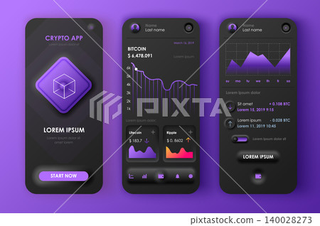 Cryptocurrency unique neomorphic design kit for mobile app neomorphism style. Bitcoin mining screens with charts. Cryptocurrency platform UI, UX templates. GUI for responsive mobile application. Cryptocurrency unique neomorphic design kit for mobile app neomorphism style. Bitcoin mining screens with charts. Cryptocurrency platform UI, UX templates. GUI for responsive mobile application. 140028273