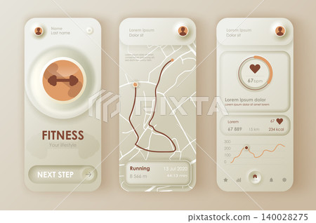 Fitness workout unique neomorphic design kit for mobile app neomorphism style. Fitness tracker screens with running route planner. Sport UI, UX template set. GUI for responsive mobile application. 140028275