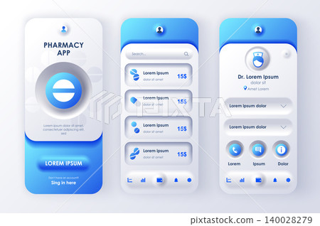 Online pharmacy unique neomorphic design kit for mobile app neomorphism style. Internet drugstore screens with medicaments. Pharmacy store UI, UX template set. GUI for responsive mobile application. Online pharmacy unique neomorphic design kit for mobile app neomorphism style. Internet drugstore screens with medicaments. Pharmacy store UI, UX template set. GUI for responsive mobile application. 140028279